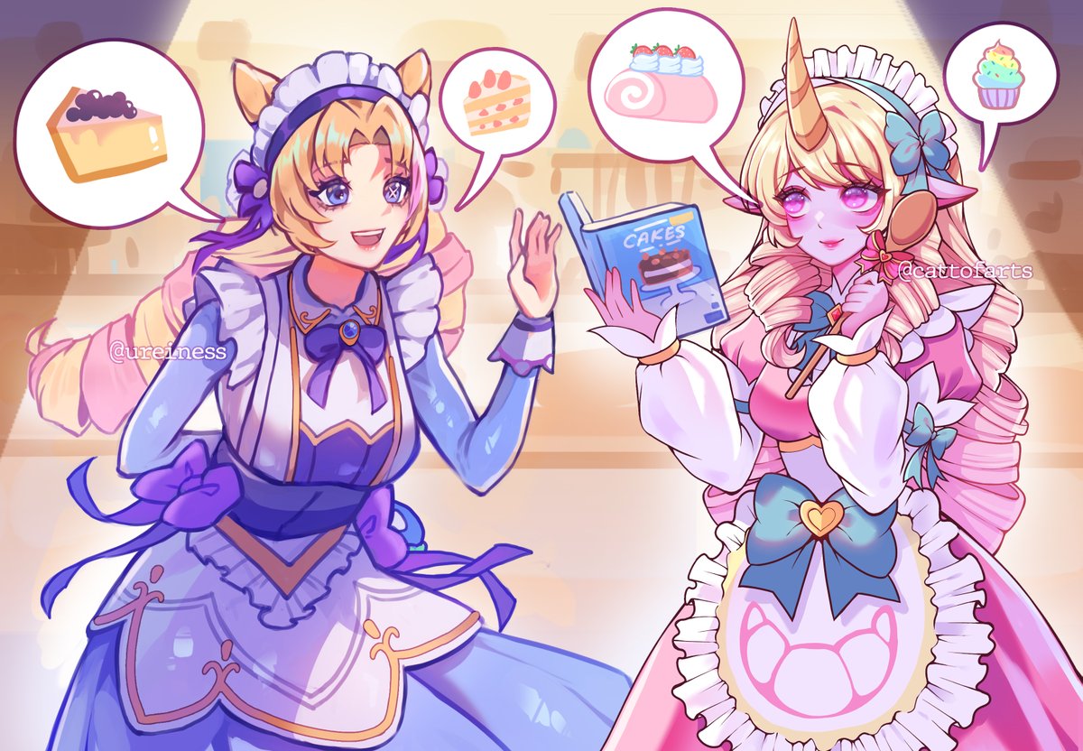 cattofarts's tweet photo. Art collab w @uReiness ♥♥♥ 
The new cafe cuties skins released just as we were finishing up this artwork~!! XD 

#LeagueOfLegends #cafecuties #soraka #gwen https://t.co/hs83ke7axH