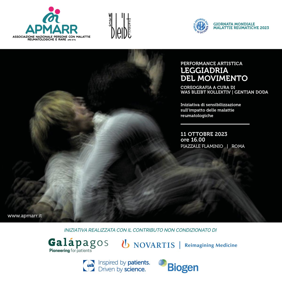 APMARR_ITALIA's tweet photo. 📢 Oggi alle ore 16 presso Piazzale Flaminio a Roma APMARR e Was bleibt kollektiv presenteranno “Leggiadria del movimento”, una performance artistica che intende rappresentare, l’impatto delle #malattiereumatologiche sul movimento. Vi aspettiamo numerosi! 😉 https://t.co/Pp9Fi3vZaa