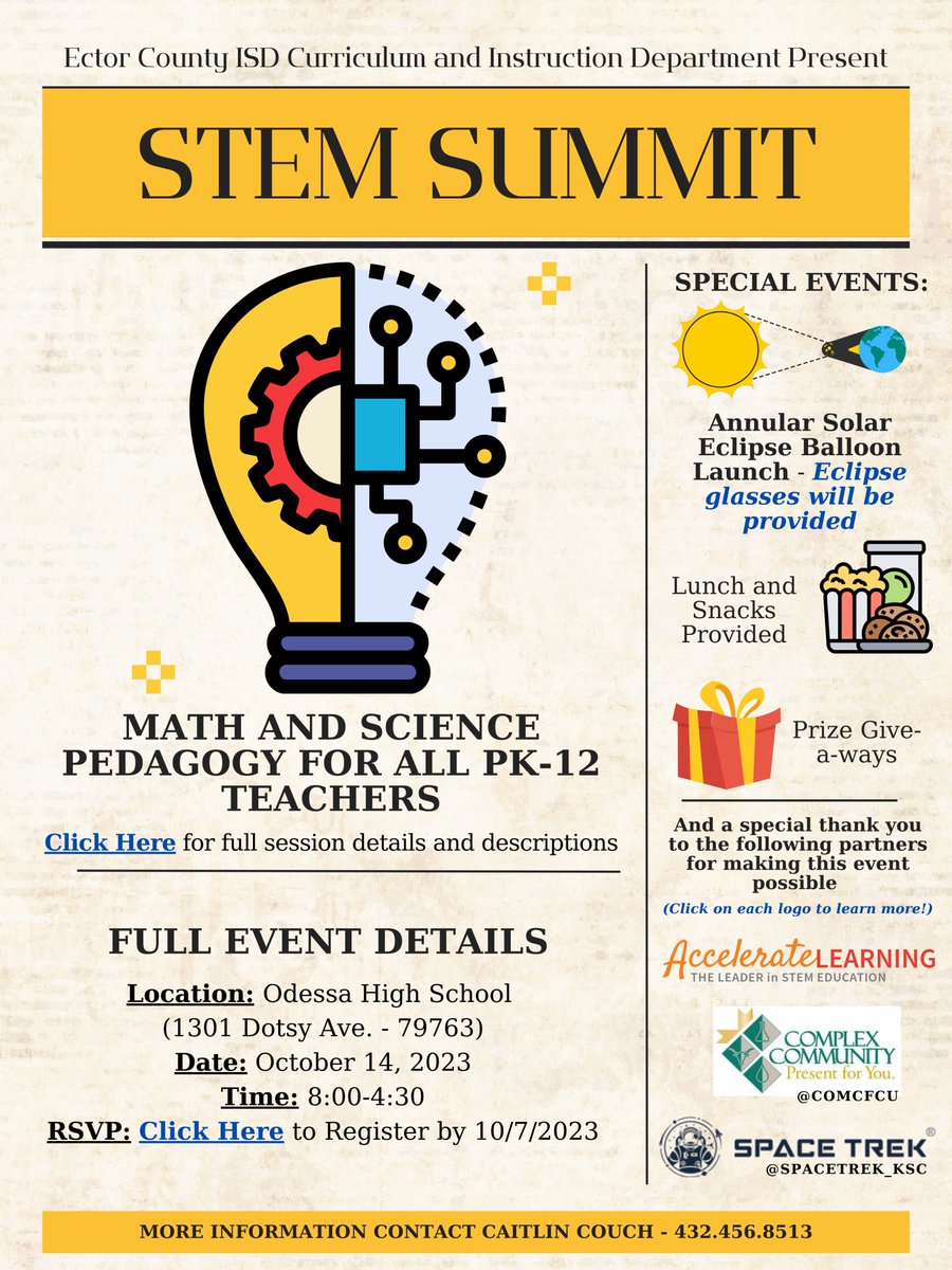 Ector County ISD Science (@ecisdscience) on Twitter photo 📢Attention ALL <a href="/EctorCountyISD/">Ector County ISD</a> & Permian Basin PK-12 Math & Science Teachers... Join us for our inaugural STEM Summit - this also coincides w/ the Annular Solar Eclipse: Food + Prizes + Fellowship = A Great Day of Learning
Check Out the Flyer & RSVP! bit.ly/46ppvRh 📢Attention ALL <a href="/EctorCountyISD/">Ector County ISD</a> & Permian Basin PK-12 Math & Science Teachers... Join us for our inaugural STEM Summit - this also coincides w/ the Annular Solar Eclipse: Food + Prizes + Fellowship = A Great Day of Learning
Check Out the Flyer & RSVP! bit.ly/46ppvRh