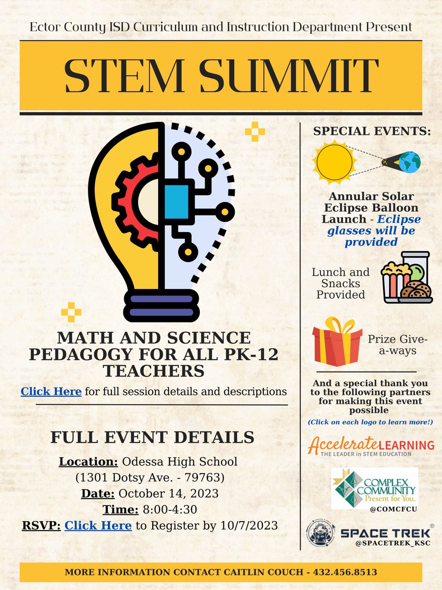 📢Attention ALL @EctorCountyISD & Permian Basin PK-12 Math & Science Teachers... Join us for our inaugural STEM Summit - this also coincides w/ the Annular Solar Eclipse: Food + Prizes + Fellowship = A Great Day of Learning Check Out the Flyer & RSVP! bit.ly/46ppvRh