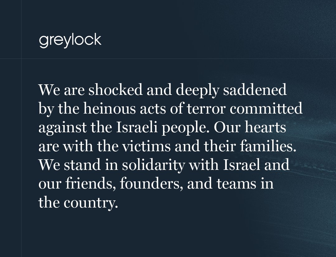 We are shocked and deeply saddened by the heinous acts of terror committed against the Israeli people. Our hearts are with the victims and their families. We stand in solidarity with Israel and our friends, founders, and teams in the country.