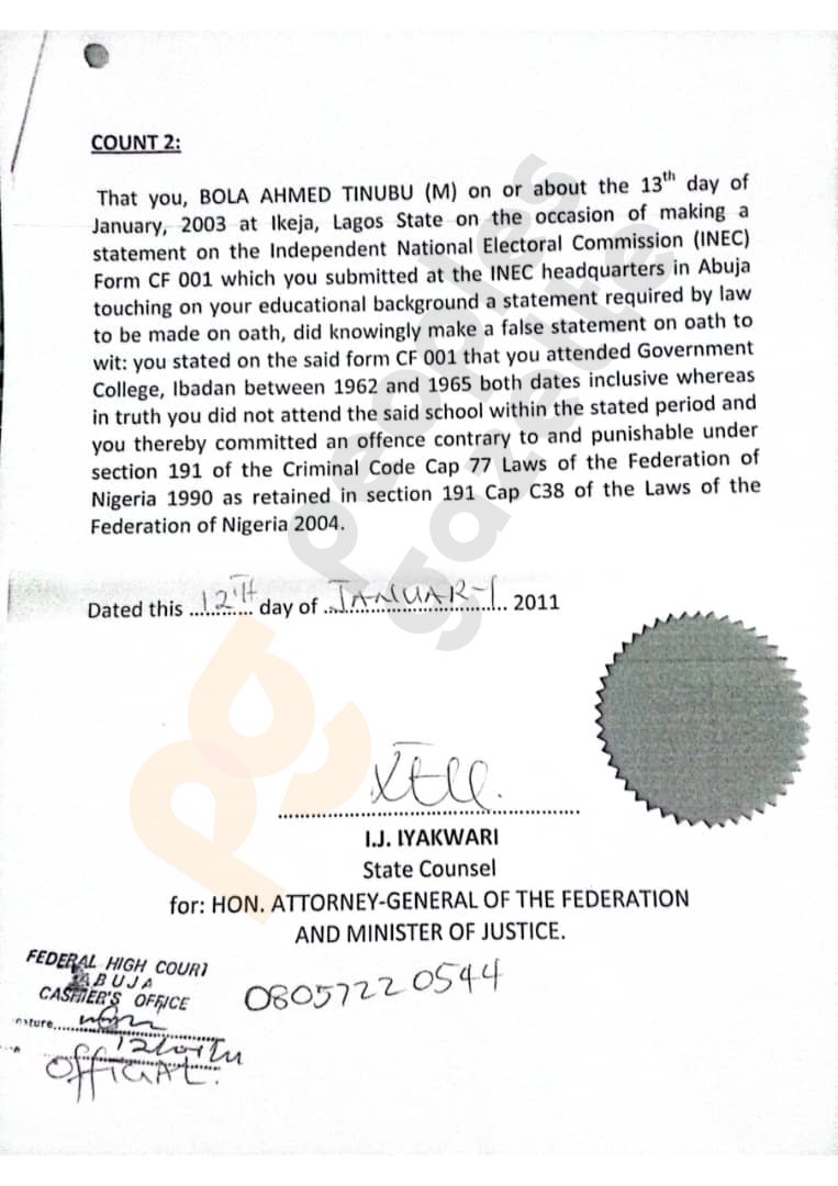 GazetteNGR's tweet image. Court documents reveal former attorney-general Bello Adoke filed and withdrew federal information against Bola Tinubu in January 2011.

Mr Tinubu suddenly backed Mr Jonathan for a full presidential term a few weeks later, tossing his party's candidate Nuhu Ribadu under the bus.