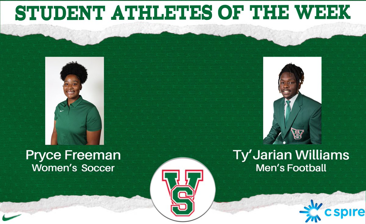 The MVSU athletics program recognizes soccer’s Pryce Freeman and Ty’Jarian Williams as the MVSU student-athletes of the week sponsored by @CSpire This award recognizes student-athletes who have excelled in competition and in the classroom.