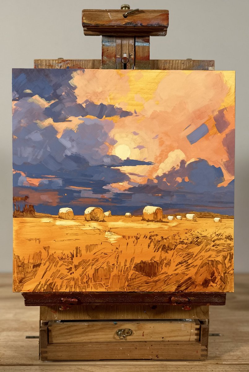 JimMusilPainter's tweet photo. Painting in progress … after the warm sky colors I layer on the darker cool tones. For skies, I find it best not to dwell on any detail and instead try to capture the large color shifts and movement. https://t.co/j8Ua50luwz
