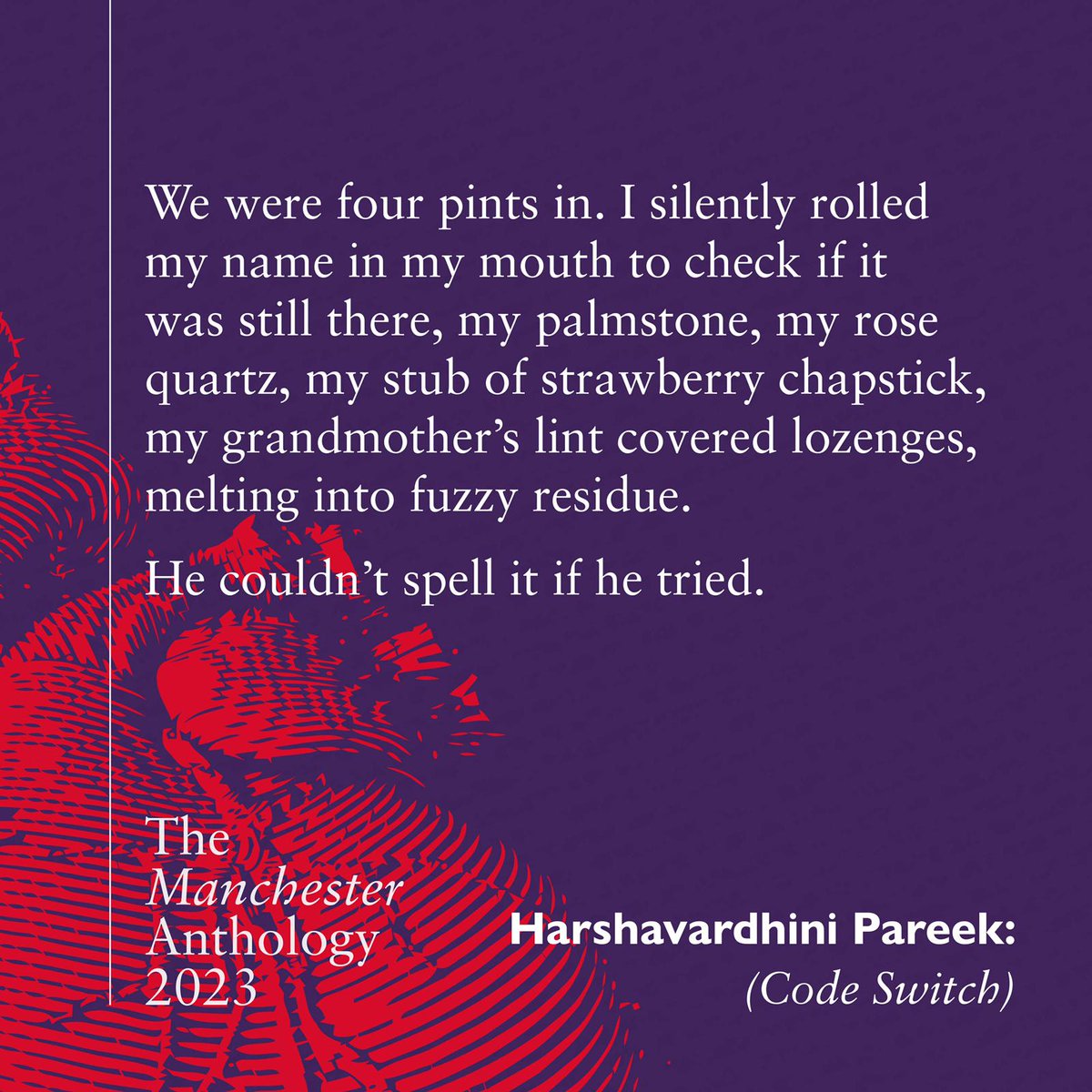 manc_anthology's tweet photo. Harshavardhini Pareek is a poet focusing on girlhood and godhood as parallel entities. 'Code Switch' explores cultural barriers and what we do to hold on to our heritage—confronting ignorance with a sharp reflection on childhood and the talismans we keep as parts of our identity https://t.co/ujhF9bIW5l