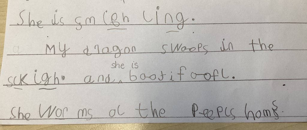 JcaWriting's tweet photo. I love to see the influence on repeated reads on KS1 children’s vocabulary and writing.

“She warms all the people’s homes” is independently written, quoted directly from the Y1 repeated read ‘Once upon a dragon’s fire’ @JCA_Reading #magicofstories #repeatedreading #vocabulary https://t.co/WxawXZzKDw