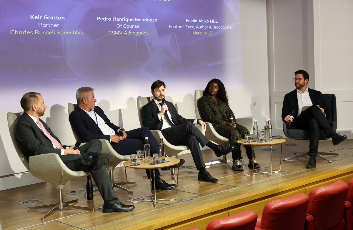LawInSport's tweet photo. Our fourth panel of day two on global trends and developments in investment in sport,
with Steve Argeris, Keir Gordon, Pedro Henrique Mendonça &amp; Eniola Aluko MBE.

#LISGS23 https://t.co/xrbZRnnJba