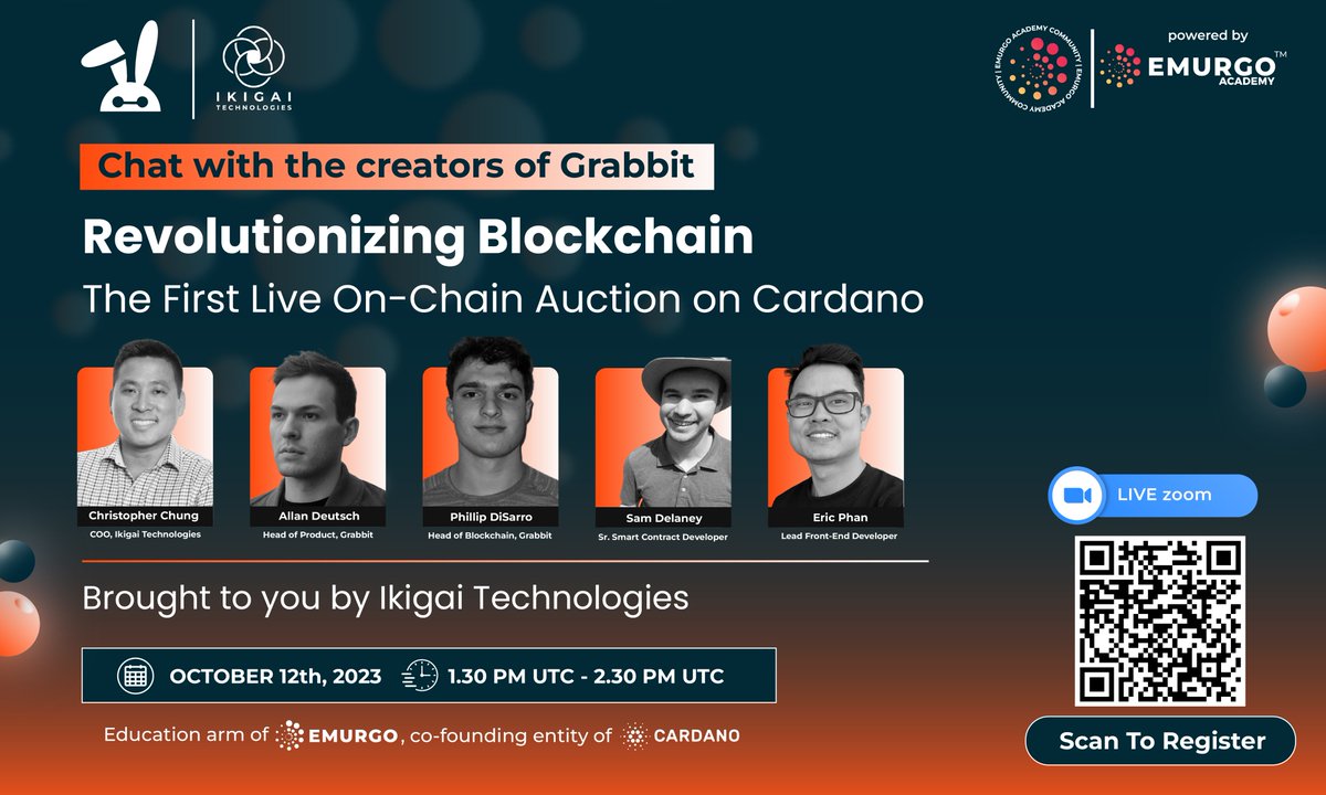 Join us on Thursday, October 12th, from 9:30 AM to 10:30 AM EDT for an exclusive behind-the-scenes look at the creation of Grabbit, the world's first live on-chain auction on the Cardano blockchain. Register here: zoom.us/webinar/regist…