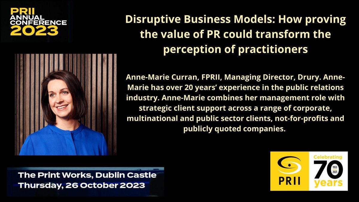 PRII_ie's tweet photo. Introducing two panellists and PRII Fellows in the afternoon session - 'Disruptive Business Models: How proving the value of PR could transform the perception of practitioners' of #PRIIConf23.
@curranam #threeweekstogo https://t.co/6gJm6Eufrv