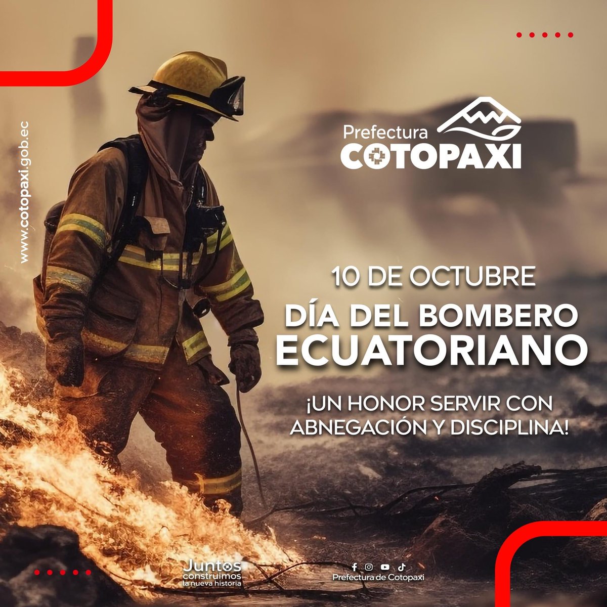 Día del Bombero Ecuatoriano

10 DE OCTUBRE

El principal objetivo es destacar y resaltar su noble y abnegada labor en servicio de la ciudadanía ecuatorina por medio de un trabajo eficaz, valiente pero sobre todo solidario, para salvar vidas.

#JuntosConstruimosLaNuevaHistoria