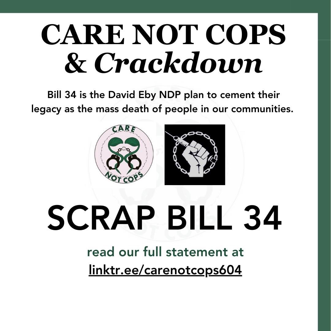 Care Not Cops & @Crackdownpod statement: Scrap #Bill34 & respond to the drug toxicity public health emergency. Full statement here: drive.google.com/file/d/1r1gqR9… #vanpoli