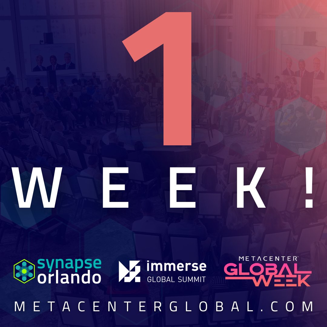 1 WEEK until #SynapseOrlando at MetaCenter Global Week! 👀

Take your #innovation to the next level with us, <a href="/ImmerseSummit/">Immerse Global Summit</a> &amp; the brightest innovators from around #Orlando &amp; the world! #InnovationLivesHere

🎟️ Use code "SYNAPSE" for a special offer: bit.ly/3ZMilnL