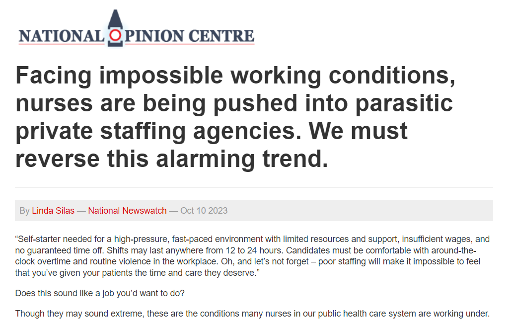 Canada's Nurses (@cfnu) on Twitter photo Insufficient staffing, high workloads & unpredictable scheduling are the top reasons nurses say they’re considering leaving their workplace.
Private staffing agencies are well poised to profit.
Read more from <a href="/CFNUPresident/">Linda Silas</a>:
nationalnewswatch.com/2023/10/10/fac… #canlab #cdnhealth #cdnpoli Insufficient staffing, high workloads & unpredictable scheduling are the top reasons nurses say they’re considering leaving their workplace.
Private staffing agencies are well poised to profit.
Read more from <a href="/CFNUPresident/">Linda Silas</a>:
nationalnewswatch.com/2023/10/10/fac… #canlab #cdnhealth #cdnpoli