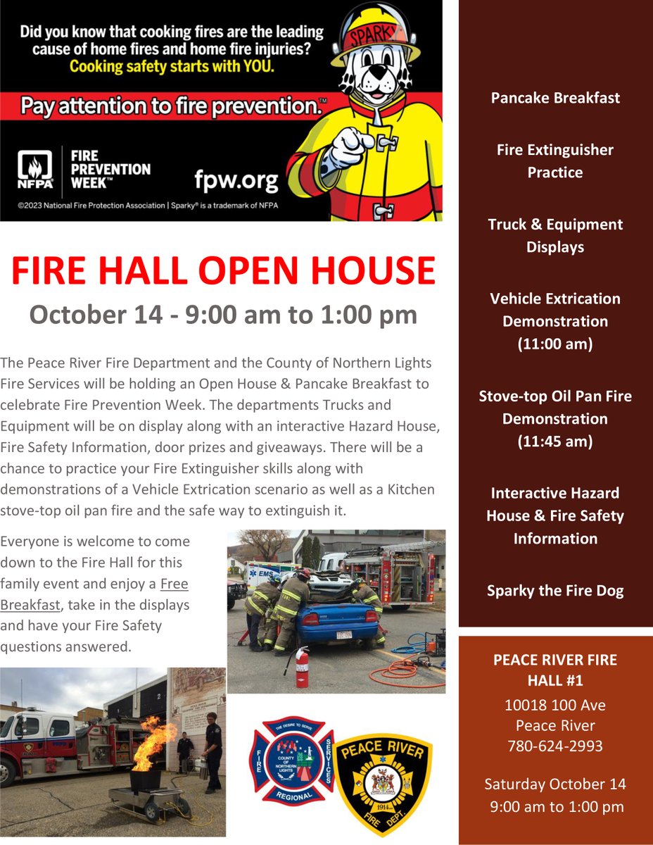 From 9am to 1pm on Saturday, Oct. 14, the Peace River Fire Department and the County of Northern Lights Fire Services will be holding an Open House &amp; Pancake Breakfast to celebrate Fire Prevention Week. 
#peaceriver