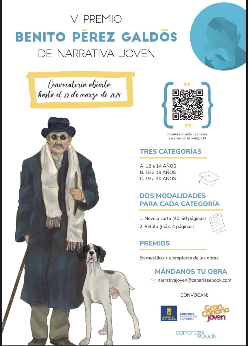 GranCanariaJven's tweet photo. 📚 Hoy anunciamos el V Premio 'BENITO PÉREZ GALDÓS' de Narrativa Joven, organizado por esta Consejería y @CanariaseBook.

👋🏽Si tienes entre 12 y 30 años, participa en las categorías de relato breve y novela corta. ¡Premios en metálico esperan por ti! 

📲+Info en nuestra web. https://t.co/1ymmfvfym6