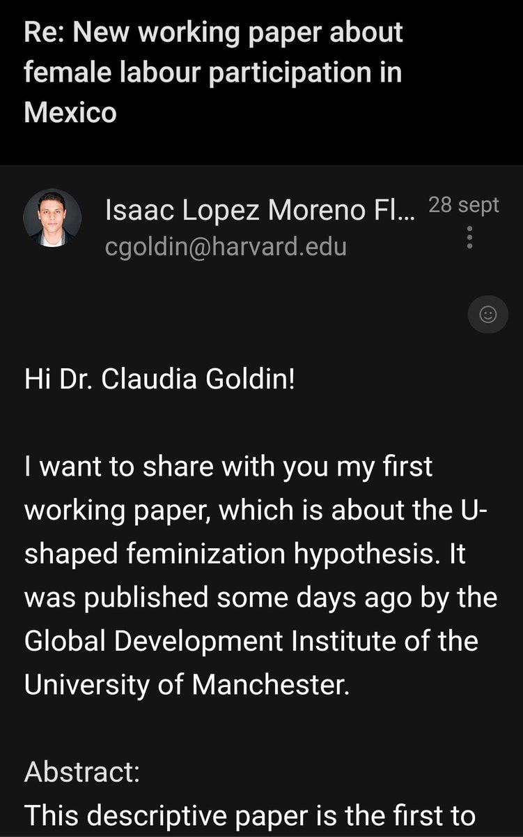 iLopezMoreno's tweet photo. This is my first working paper, published by @GlobalDevInst. 

I analyze the relationship between female labor participation and different levels of economic development within Mexico.

I sent it to Claudia Goldin 2 weeks ago and she responded! Perfect timing! https://t.co/7wo10RLBgi