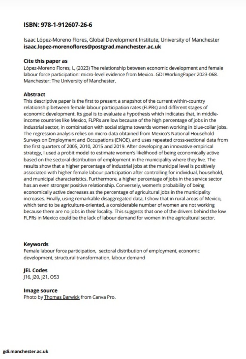 iLopezMoreno's tweet photo. This is my first working paper, published by @GlobalDevInst. 

I analyze the relationship between female labor participation and different levels of economic development within Mexico.

I sent it to Claudia Goldin 2 weeks ago and she responded! Perfect timing! https://t.co/7wo10RLBgi