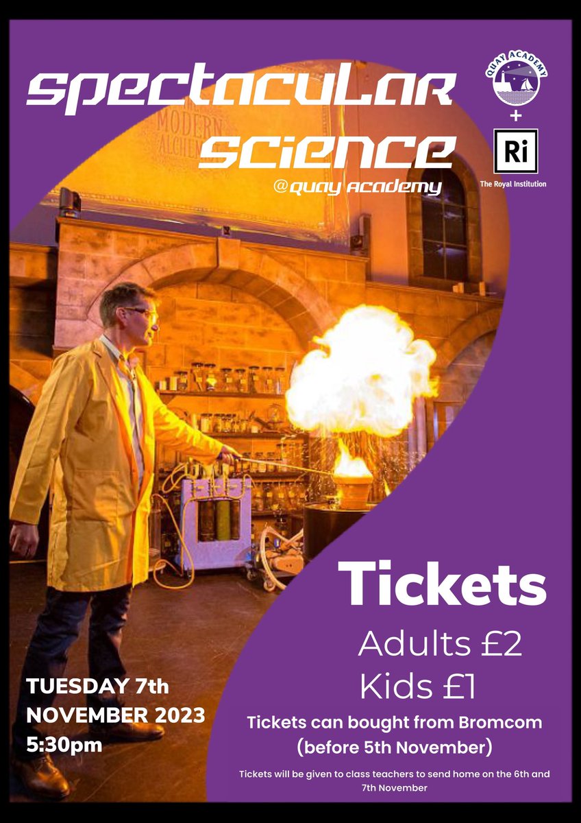 QuayAcademy's tweet photo. We have something exciting coming in the first week back after October half term. We have @Ri_Science coming in to deliver a spectacular science show to people in our community. If you would like tickets they can be purchased on Bromcom 🧪🧑🔬⚗️ #RIScience @QuayPrincipal @QuayVP https://t.co/ZsOTNV1apK