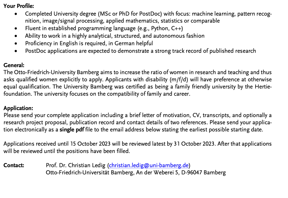 Christian Ledig (@ledigchr) on Twitter photo 🎓Interested in pursuing fully-funded PhD or PostDoc research in (medical) image computing or explainable machine learning in general?
🚨We are currently hiring in our xAI-Lab <a href="/uni_bamberg_of/">Universität Bamberg</a>
Get in touch and we can chat at #MICCAI2023 <a href="/MICCAI_Society/">MICCAI Society</a>
Details below. 🎓Interested in pursuing fully-funded PhD or PostDoc research in (medical) image computing or explainable machine learning in general?
🚨We are currently hiring in our xAI-Lab <a href="/uni_bamberg_of/">Universität Bamberg</a>
Get in touch and we can chat at #MICCAI2023 <a href="/MICCAI_Society/">MICCAI Society</a>
Details below.