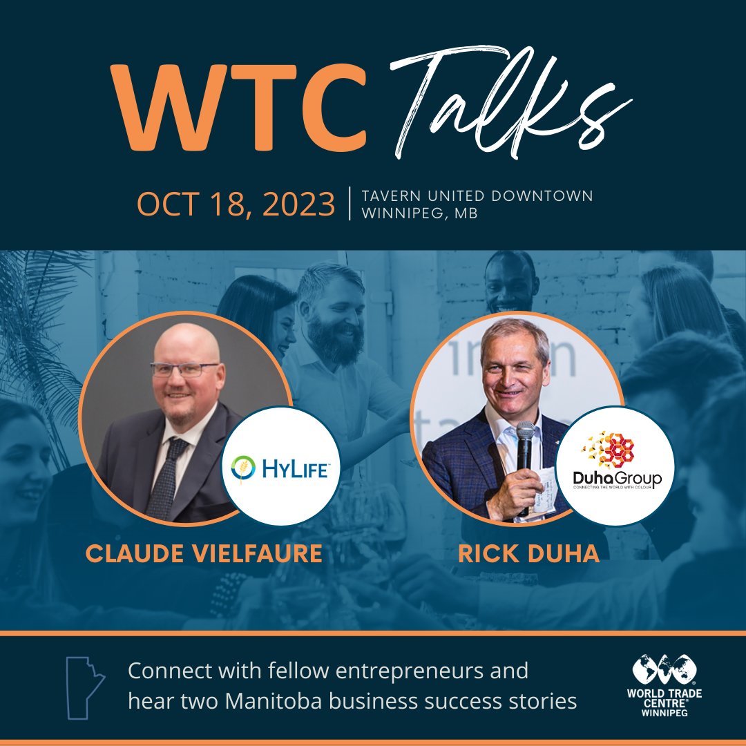 WTCWinnipeg's tweet photo. 📢 WTC Talks returns this October! Dive into the entrepreneurial stories of @claudevielfaure  of  (@HyLifeltd ) &amp; @ Rick Duha Sr. of  (@DuhaGroup ) and @Vexxit_  . Don't miss out on insights &amp; networking opportunities. 
🔗 Learn more:https://t.co/BOO5eMNUHm
#WTCWinnipeg #WTCTalks https://t.co/2Qq3MXRbJP