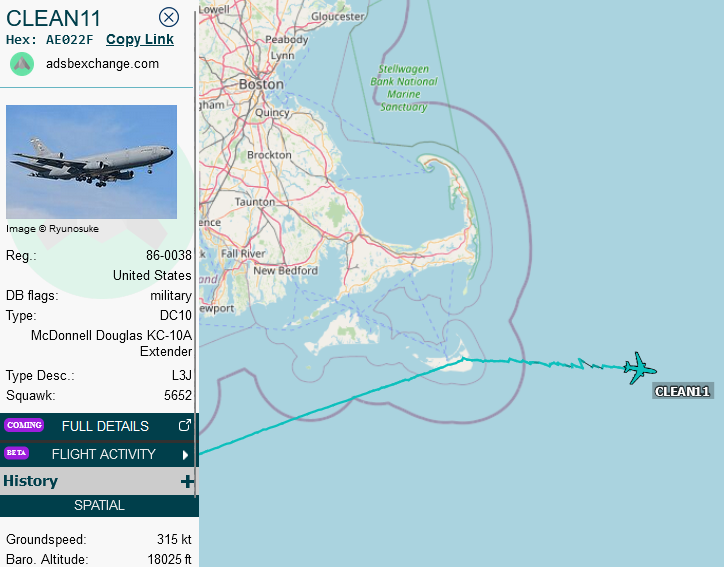 SirListenalot's tweet photo. Oct09 1233z #KC10 #CLEAN11 confirms it's going to Lajes with six #A10's as #TABOR61-66. Only four A10's arrived as TABOR61. #FR24 shows later some strange behaviour near Flores Airport and miscode #053977 as #MX01, which I think is an A10, shows up... 🤔 https://t.co/nCMl5ep2Pl