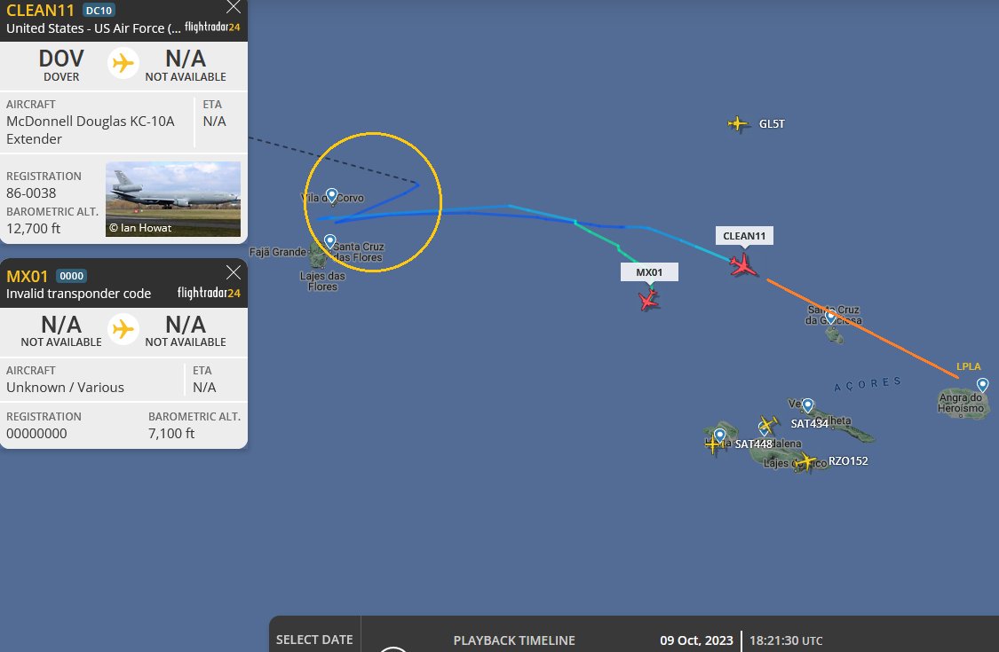 SirListenalot's tweet photo. Oct09 1233z #KC10 #CLEAN11 confirms it's going to Lajes with six #A10's as #TABOR61-66. Only four A10's arrived as TABOR61. #FR24 shows later some strange behaviour near Flores Airport and miscode #053977 as #MX01, which I think is an A10, shows up... 🤔 https://t.co/nCMl5ep2Pl