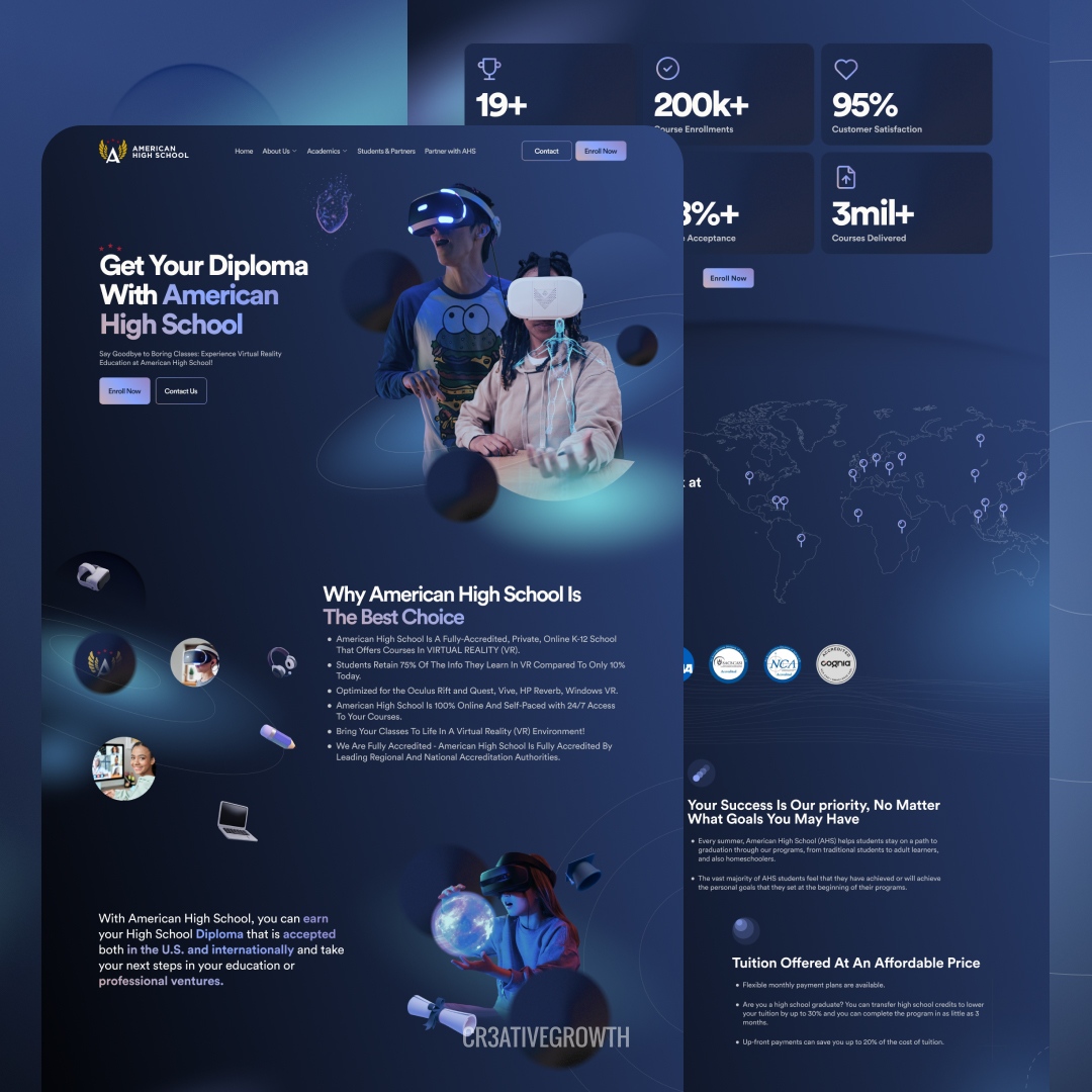 Cr3ativeGrowth's tweet photo. American High School: Pioneers in virtual education. We had the opportunity to work on their digital rebranding and website design, remaining attached to trends and reflecting everything they wanted to convey.

Leaving us with modern, futuristic, fun and educational results.

... https://t.co/MjQSK4xvJv