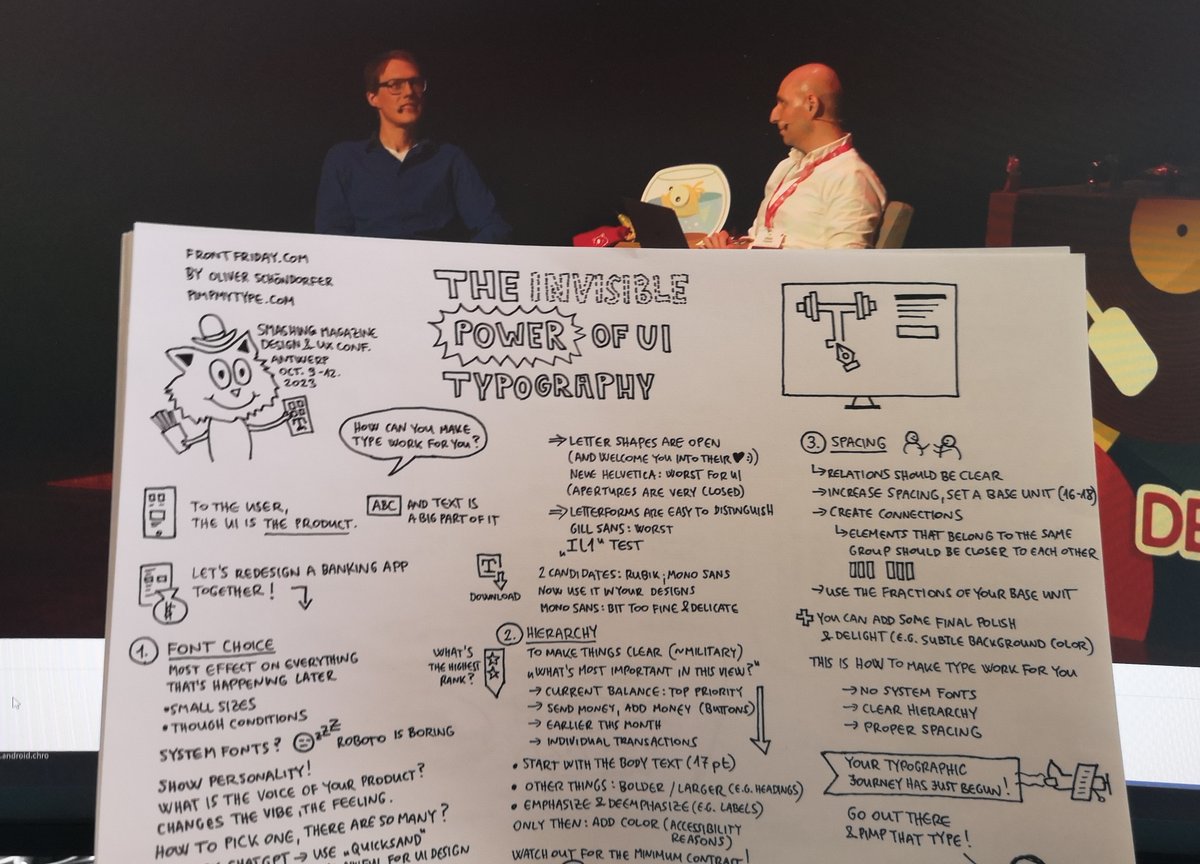 Krisztina Szerovay (@krisztaszerovay) on Twitter photo The next talk I sketchnoted is The Invisible Power of UI Typography by <a href="/glyphe/">Oliver Schöndorfer 🇺🇦</a> at the Design & UX Conf <a href="/smashingconf/">SmashingConf</a>
<a href="/vitalyf/">Vitaly Friedman 🇺🇦🏳️🌈</a>
To the user, the UI is the product, and a big part of it is text.
How can you make type work for you? 🧵 The next talk I sketchnoted is The Invisible Power of UI Typography by <a href="/glyphe/">Oliver Schöndorfer 🇺🇦</a> at the Design & UX Conf <a href="/smashingconf/">SmashingConf</a>
<a href="/vitalyf/">Vitaly Friedman 🇺🇦🏳️🌈</a>
To the user, the UI is the product, and a big part of it is text.
How can you make type work for you? 🧵