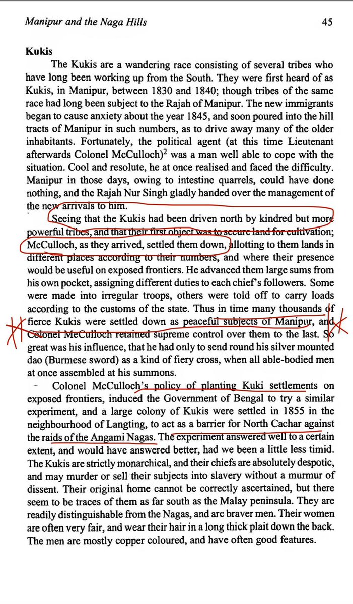 meiteiheritage's tweet photo. 🚨 The Uncomfotable TRUTH of #Kukis migration to #Manipur from British officers & Archived Govt records.

❗️ The #NewKukis migrated in significant numbers from Mizo and Chin Hills to #Manipur—called the Great Kuki Exodus—in 18th and 19th centuries, after  displaced by more powerful groups in Myanmar.
https://t.co/2tE07y2Soe

❗️The Manipur King provided them with free land at the exposed frontier and had a profound impact on the demographic of Manipur Hills. Scholars also largely agree that new Kukis (particularly the Thadous) migrated to Manipur from the Chin and Lushai Hills due to pressure from the southern tribes in those regions.

❗️More recently in 1960s the "Burmese refugees" started settling in Naga dominated areas of Manipur  
#KukiHistory  #KukiLies 
#ManipurHistory 

@NorthEastnews24 @ukhrultimes   
@assamtimes_ @imosingh @NBirenSingh   @sardesairajdeep   @afridahussai @timesofindia @IndianExpress  @TimesNow @ndtv @ZeeNews @WIONews @EastMojo @ABPNews @CNNnews18 @BBCIndia @thewire_in @TheQuint  @ANI  
@DivyaSoti @ShefVaidya @HinduAmericans  @AskAnshul @PrinceArihan @AbhijitChavda @RajatSethi86 @DrSanjaysinghK
@RituRathaur @VladAdiReturns