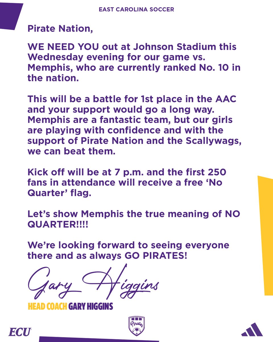 ECUSoc's tweet photo. Once more from the desk of Head Coach Gary Higgins: let's pack Johnson Stadium tomorrow!

Preview: https://t.co/XKqVp7YQty

#GoPirates🏴‍☠️ https://t.co/m8vWM483yg