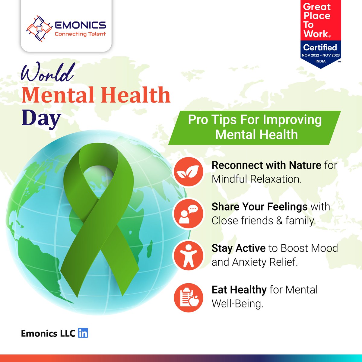 emonics_llc's tweet photo. At Emonics LLC, we prioritize mental health at work, believing it's crucial for success. We're dedicated to fostering a supportive and inclusive work environment to promote mental health.

On this day, we're sharing tips to boost well-being. 

#WorldMentalHealthDay #emonics https://t.co/26LZCacaXI