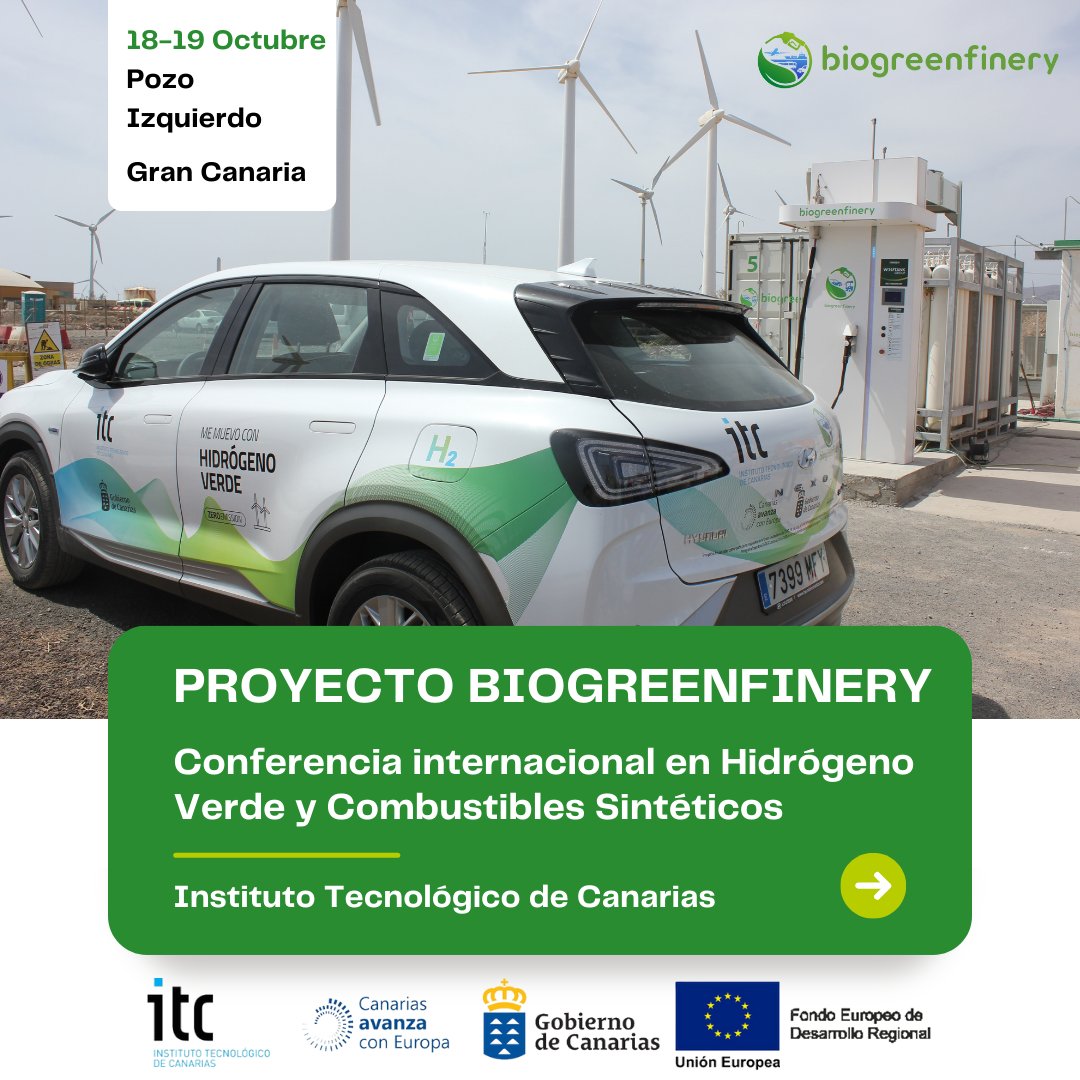 Regístrate‼️ Conferencia Intl en #HidrógenoVerde y #Efuels
🗓️Gran Canaria 18 y 19 oct
Síguela en streaming🎥conference.biogreenfinery.com/epages/streami…
<a href="/ITCCANARIAS/">Instituto Tecnológico de Canarias (ITC). Gobcan</a> presenta su proyecto <a href="/biogreenfinery/">Proyecto Biogreenfinery</a> para el desarrollo de I+D asociada a los combustibles sintéticos
#BIOGREENFINERY