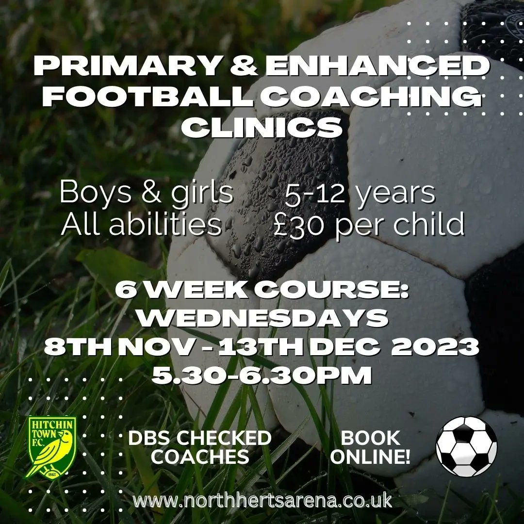 The_Arena_HTCFC's tweet photo. NEW COURSES! Starting after half-term:
⚽️ Junior Ability Counts
⚽️ Primary & Enhanced Clinics
⚽️ Safe Hands
Plus, @HitchinTownFC #October #Football #Fun starts in just 2 weeks – book online!
#footballfun #footy #footymad #footballcourse #hertshour #baldock #hitchin #halfterm https://t.co/fmYCezJspD