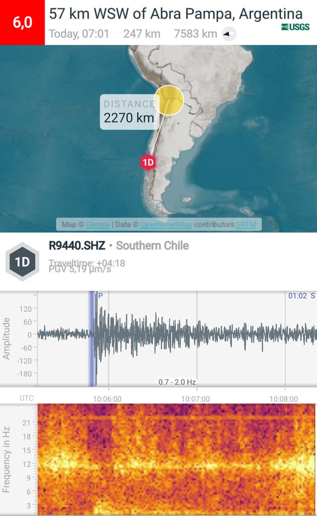 MetDalcahue's tweet photo. #temblor M6, Epicentro en 22,88° S, 66,22° O profundidad 247 km La Pampa #Argentina #Earthquake #EQInfo #gempa @raspishake captado en estación R9440 #Dalcahue a 2270 kms al sur https://t.co/H0Rrwb7QcZ