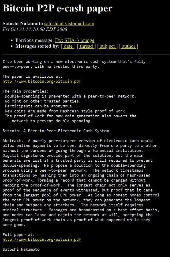 IgorPauer's tweet photo. Satoshi Nakamoto's email promoting Bitcoin in private email groups from 31st Oct 2008. Now it is part of the legend 🙂
#bitcoin #legend #satoshi #31stoct #email #bepart #privateemail #groups https://t.co/l8z6PSYbCq