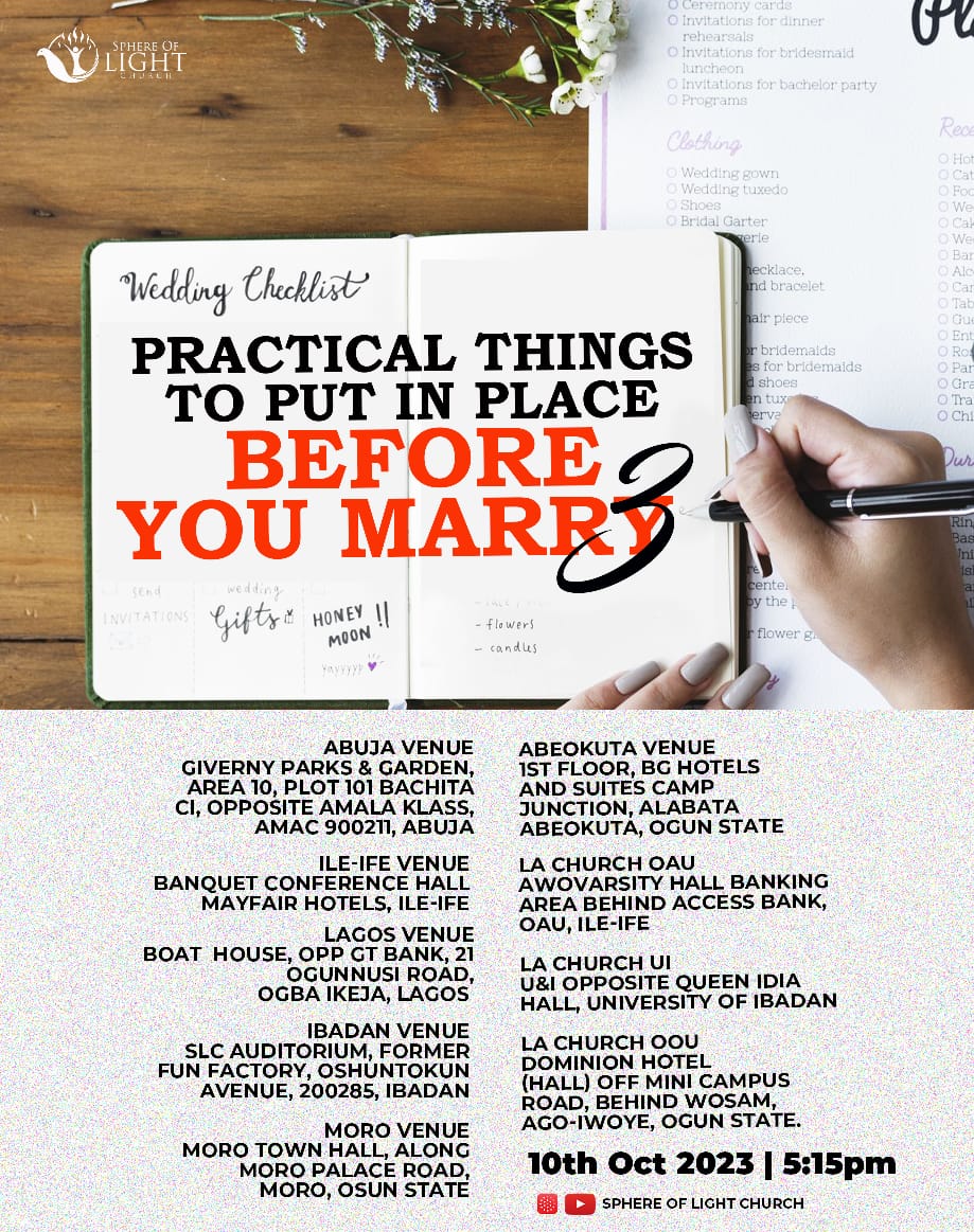 TheSLCIbadan's tweet photo. Marriage is a process you must be intentional about preparing for.

This series has been taking us step by step towards the things that needs to be put together for you to have a blissful marriage.

You dont want to miss this continuation. See you by 5:15pm https://t.co/ACLB0BgJ2j