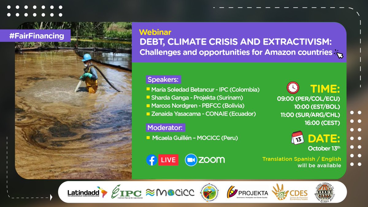 latindadd's tweet photo. 🌎🌱 Join our webinar to explore solutions and demands driven by civil society and indigenous communities in the face of the vicious cycle: debt, climate, and extractivism.

📌Registration: https://t.co/LhYSC9SRlE 

#FairFinancing https://t.co/0a8jT85CG9