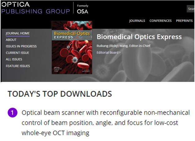 ICTER_PL's tweet photo. 🔥 News! Dr. Andrea Curatolo's recent paper, in collaboration with María Pilar Urizar, Enrique Gambra, Alberto de Castro, Álvaro de la Peña, Onur Cetinkaya & Susana Marcos, has ranked nr. 1️⃣ in today's TOP 10 Downloads in @OpticaPubsGroup's Biomedical Optics Express #BOEx!
#OCT https://t.co/PDQAVSoHDb