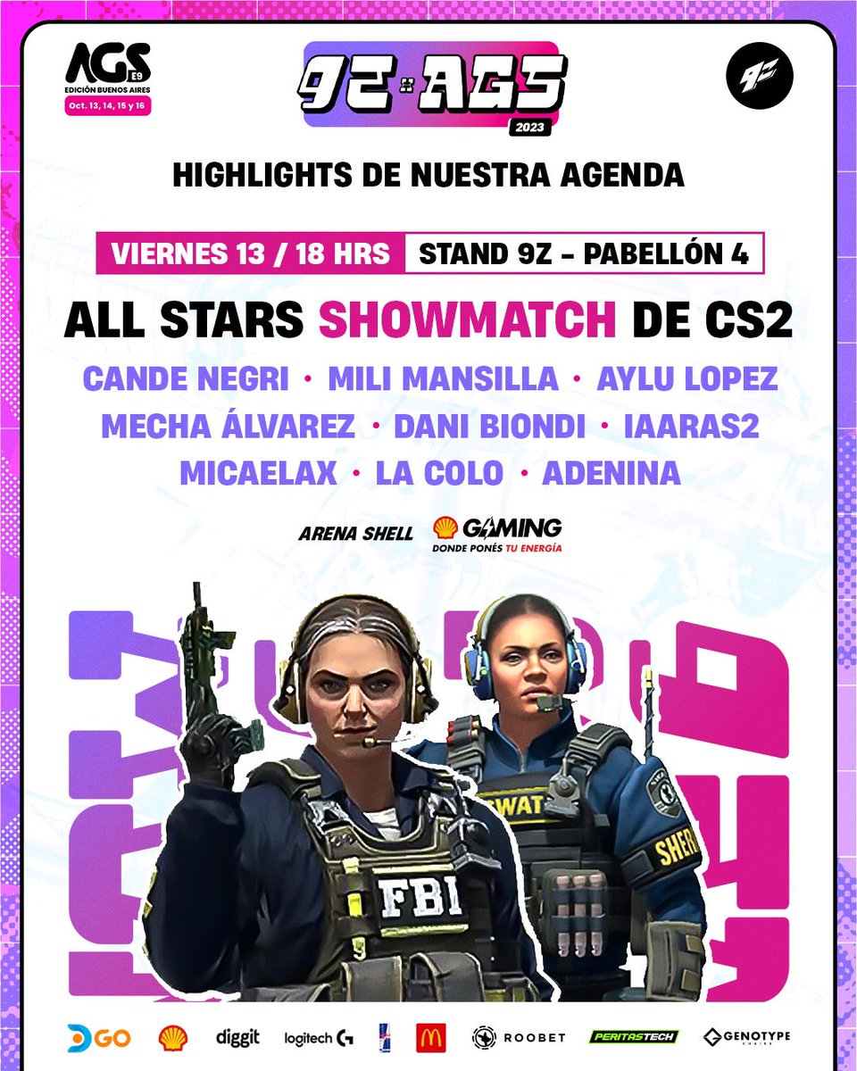 9zTeam's tweet photo. ¡ESTE VIERNES SE PICA EN AGS! 🔥

Arrancamos fuerte esta edición de la @ArGameShow con un showmatch fem en CS2.

⏰ 18:00 hrs
🙋‍♀️ Invitadas: @luchiquinteross - @candenegri - @Milimansiilla - @LopezAylen2 - @mechaalvarez1 - @danibiondi1 - @iaara_182 - @imicaelax - @lucilamollesi - @Adeninafps. 

#TodoVioleta 💜