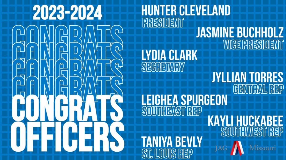 Drumroll, please...... We are excited to announce this year's JAG-Missouri Career Association State Officers!! Congratulations!! And, we want to say thank you to all the JAG students from across the state for taking part in the state officer application process.