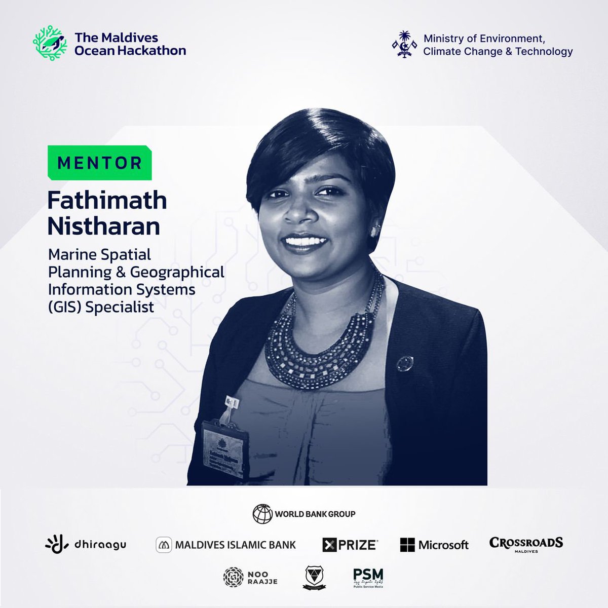 #MentorSpotlight: Fathimath Nistharan, @NooRaajje has vast experience in Marine Spatial Planning, coral reef mapping, lecturing & GIS. Established Rasdhoo-Madivaru Protected Area. Holds advanced degrees in Environmental Management & Computer Science.