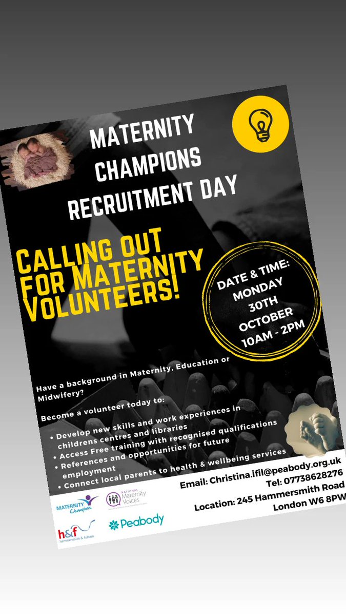 Join us @ 245 Hammersmith
Mon 30th Oct 10am-2pm! 

Find out more about maternity champions!

#livegood #feelgood #meandmyfamily #communitypower #maternity #parents #Champions #father #mother #parenthood_moments #communication #communitysupport #together #Local #hammersmith #lbhf