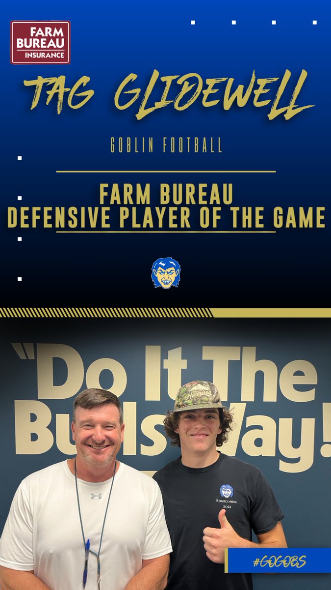 Congratulations to Tag Glidewell on earning the Farm Bureau Defensive Player of the Game award for his performance against Shiloh Christian. #GoGobs