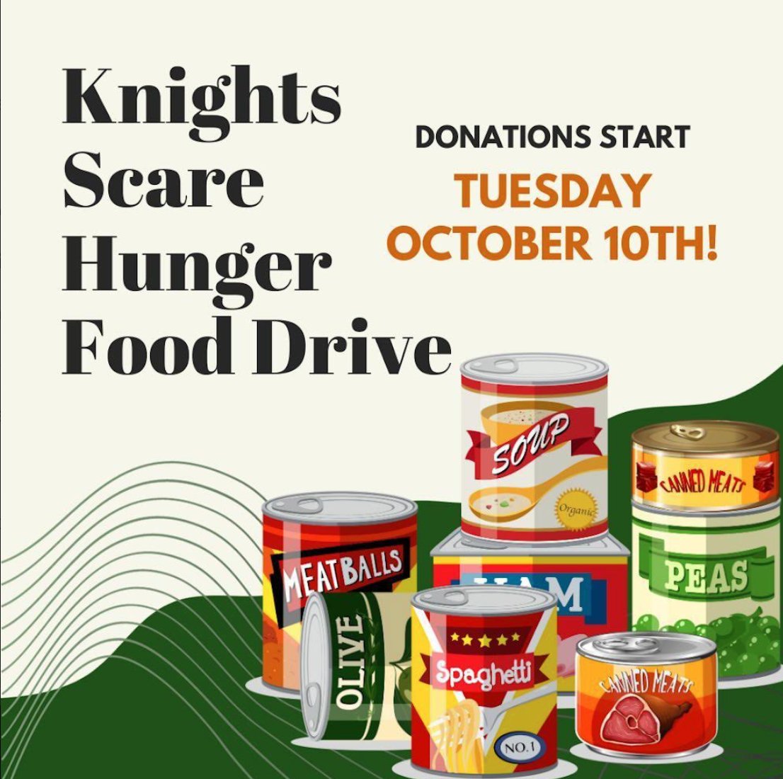 Our annual food drive is back, bigger and better than ever! Bring your non-perishables to your first period classroom. We'll update our school count and first place holder every week! 
Let's work together to scare away hunger!