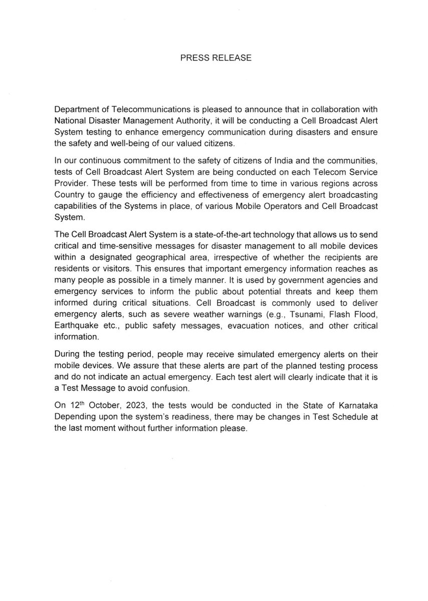 KarnatakaSNDMC's tweet photo. Press release: Government of India
Ministry of Communications, Department of Telecommunications on Cell Broadcast Alert System testing by DoT. https://t.co/734pt3ihwM