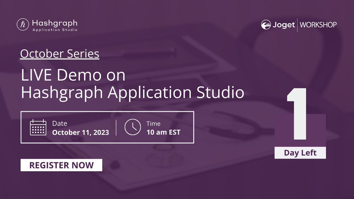 1 day left to join us for a transformative healthcare-themed LIVE demo of Hashgraph Application Studio. Gear up to explore the world of #Hashgraph Application Studio on Oct 11, 10 AM EST. Secure your spot now: buff.ly/3EKfRMU

#NoCode #LowCode #DigitalTransformation