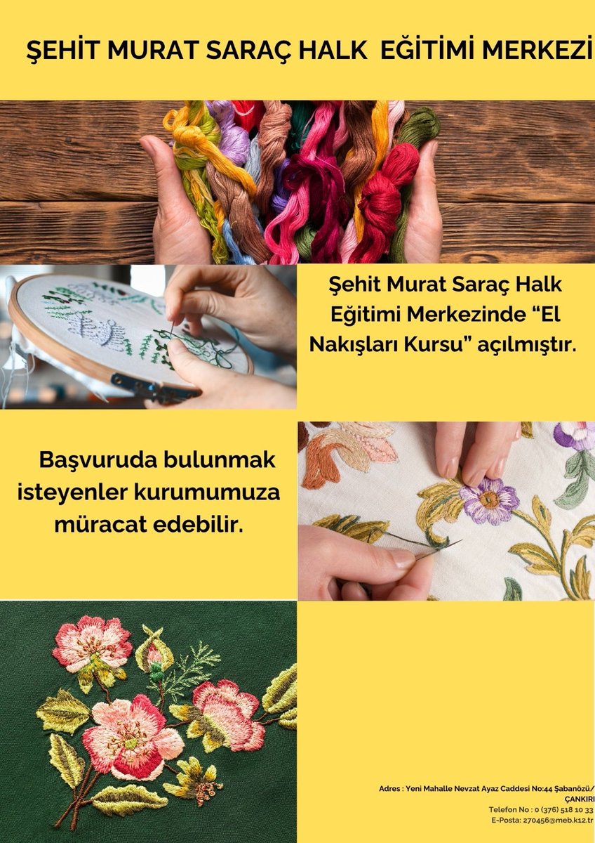 Şabanözü Şehit Murat Saraç Halk Eğitimi Merkezi (@sabanozuhem) on Twitter photo EL NAKIŞLARI KURSU AÇILDI🧶🪡
Müdürlüğümüzce El Nakışları Kursu açılmıştır .Kurs başvuruları müdürlüğümüze yapılmaktadır.
<a href="/mebhbogm/">MEB Hayat Boyu Öğrenme Genel Müdürlüğü</a>
<a href="/Muammer12877572/">Muammer ÖZTÜRK</a>
<a href="/muallimismail/">İsmail YILDIZ</a>
⏰ HER ZAMAN
🌎 HER YERDE
🙋🏼♀️HERKES İÇİN EĞİTİM EL NAKIŞLARI KURSU AÇILDI🧶🪡
Müdürlüğümüzce El Nakışları Kursu açılmıştır .Kurs başvuruları müdürlüğümüze yapılmaktadır.
<a href="/mebhbogm/">MEB Hayat Boyu Öğrenme Genel Müdürlüğü</a>
<a href="/Muammer12877572/">Muammer ÖZTÜRK</a>
<a href="/muallimismail/">İsmail YILDIZ</a>
⏰ HER ZAMAN
🌎 HER YERDE
🙋🏼♀️HERKES İÇİN EĞİTİM