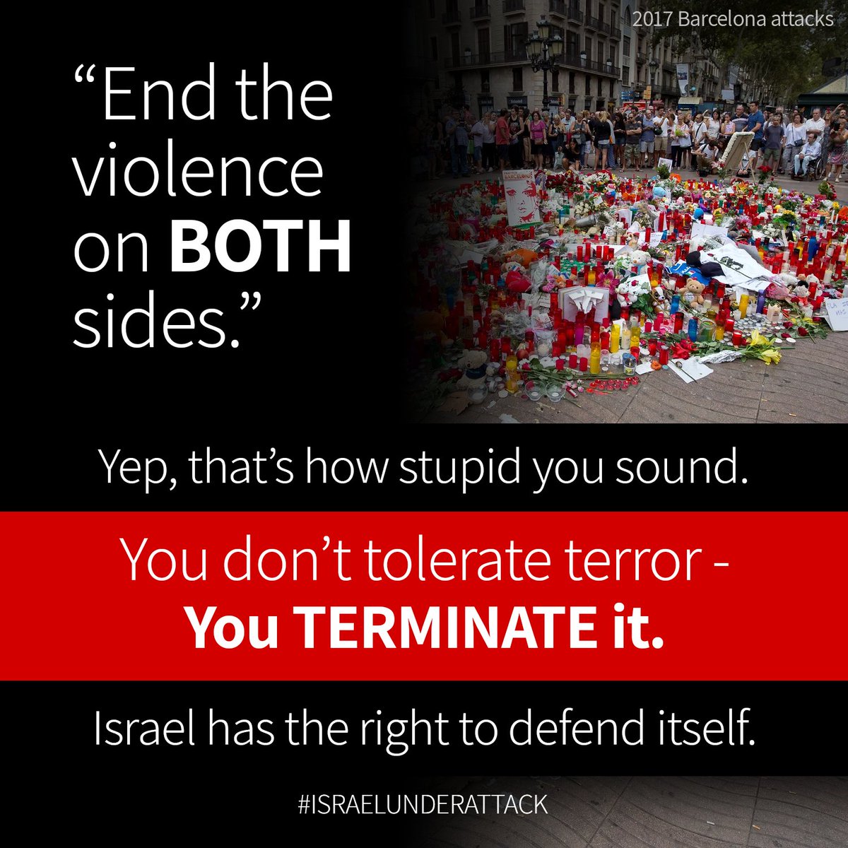 IsraelNeedsU's tweet photo. You don't tolerate #terror - you TERMINATE it.
Israel has the right to defence itself.
#israelneedsyou #thisispalestine #standwithisrael #israelunderattack #israel #palestine #freepalestine #gaza #israelfightback #israelhastherighttodefenceitself #spain #barcelonaattacks https://t.co/RwklYhzdqU