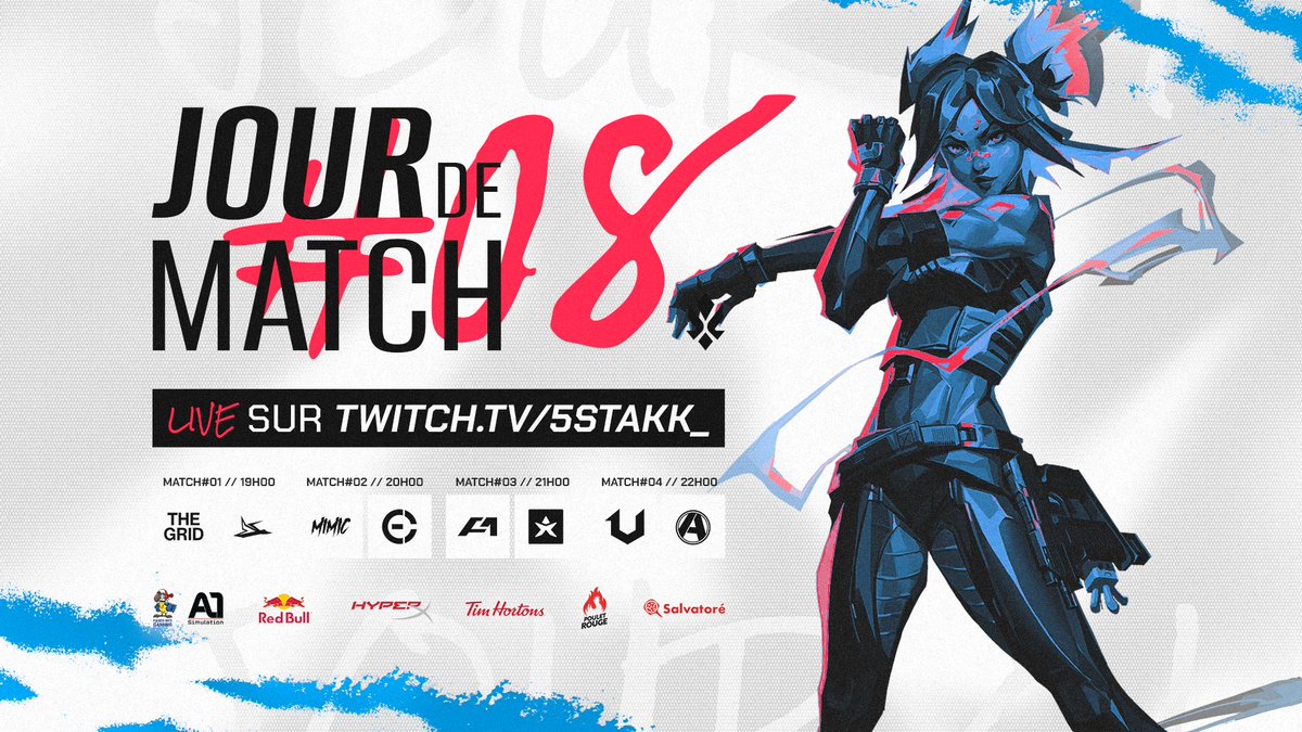Jour de match pour la #CQV ! Voici l'horaire de la soirée. 

💥19h <a href="/TheGRID_gg/">The GRID</a> vs <a href="/DuckyEsports/">Ducky</a> 
💥20h <a href="/MimicVal/">Mimic</a> vs <a href="/CeSAConcordia/">Concordia Esports</a> 
💥21h <a href="/Alpha1GG/">Team Alpha1</a> vs <a href="/MiracleRunGG/">Miracle</a> 
💥22h <a href="/UV1_eSports/">Unexpected Victory</a> vs <a href="/AbleEsports/">Able Esports</a> 

On se rejoint au twitch.tv/5stakk_

#matchday #valorant #esportqc