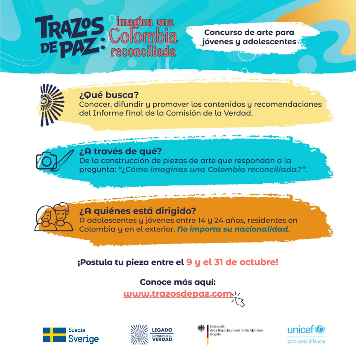 ¡Iniciamos concurso de arte para adolescentes y jóvenes! Desde el 9 de octubre hasta el 31 de octubre podrás postular tu pieza en el concurso de @UNICEFColombia: #TrazosdePaz: imagina una Colombia reconciliada. Conoce más en: trazosdepaz.com